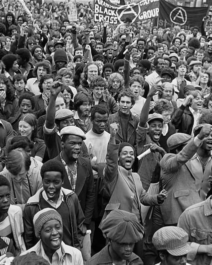 Paul Trevor, Anti-racists gather to block route of National Front demonstration, New Cross Road, London, August 1977 © Paul Trevor